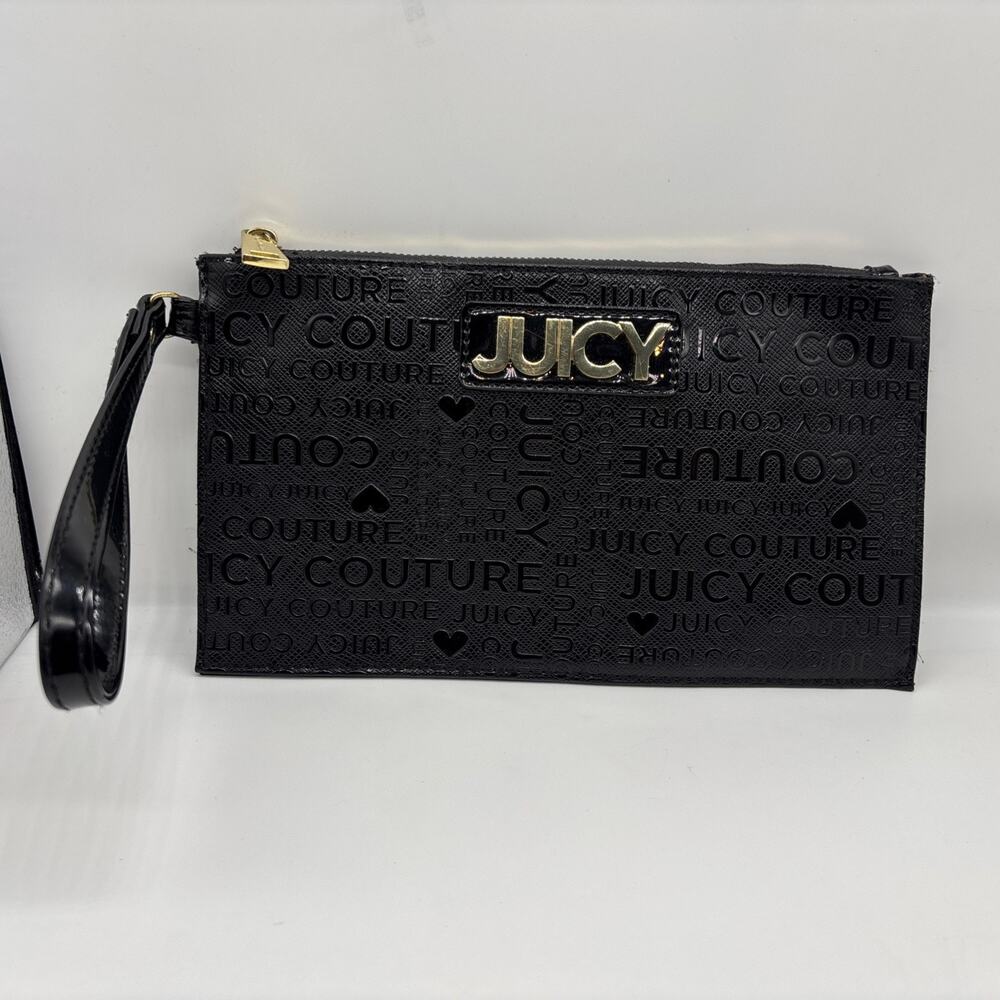 JUICY COUTURE Black Gothic Debossed Monogram Zip Pouch Wristlet Gold Logo